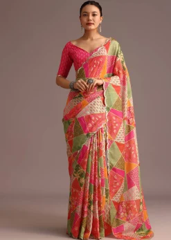 Multicolor Abstract Printed Muslin Saree