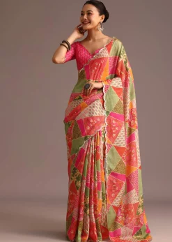 Multicolor Abstract Printed Muslin Saree