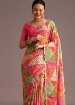 Multicolor Abstract Printed Muslin Saree