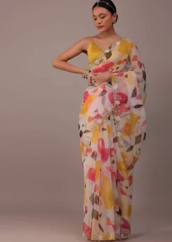 Multicolor Abstract Printed Saree In Organza With Cut Dana Butti All Over