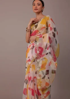 Multicolor Abstract Printed Saree In Organza With Cut Dana Butti All Over