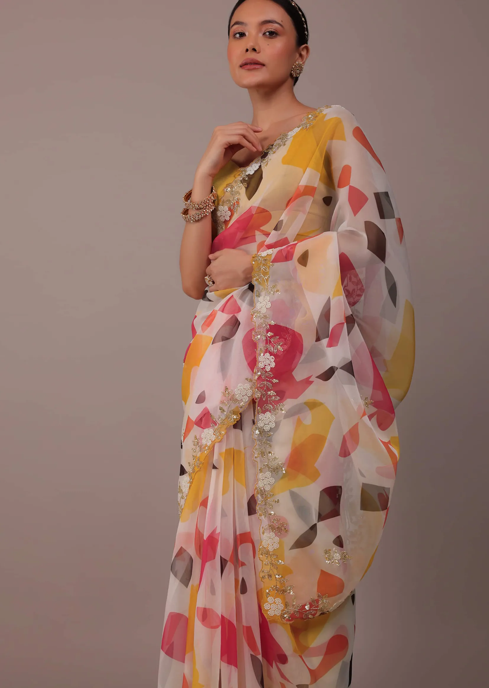 Multicolor Abstract Printed Saree In Organza With Cut Dana Butti All Over