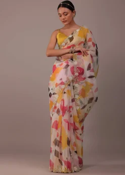 Multicolor Abstract Printed Saree In Organza With Cut Dana Butti All Over