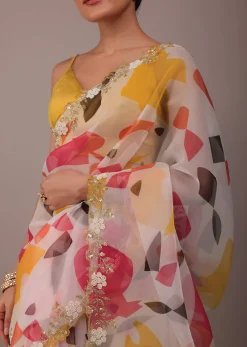 Multicolor Abstract Printed Saree In Organza With Cut Dana Butti All Over