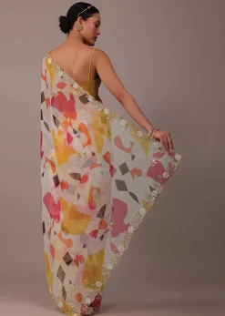 Multicolor Abstract Printed Saree In Organza With Cut Dana Butti All Over