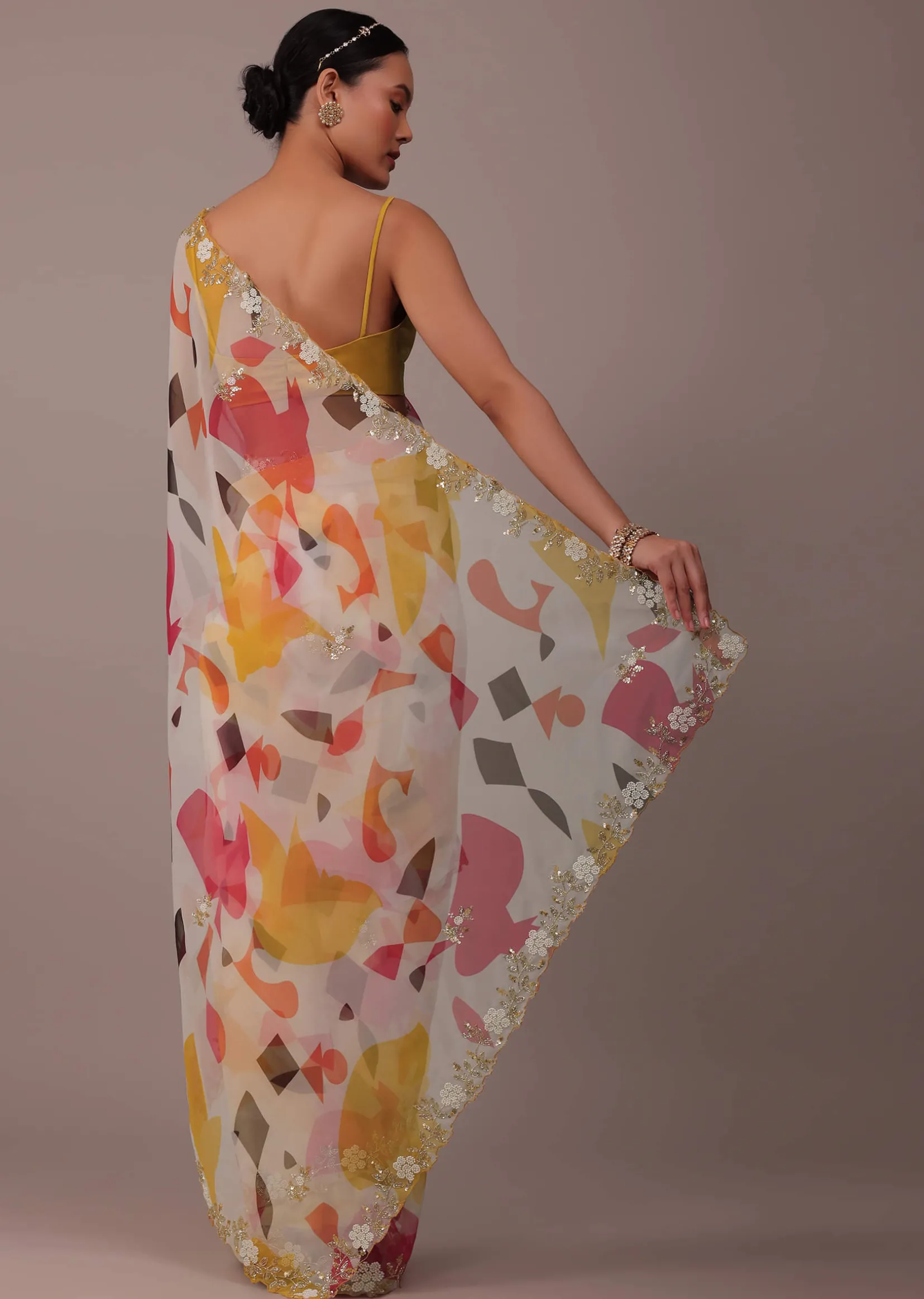 Multicolor Abstract Printed Saree In Organza With Cut Dana Butti All Over