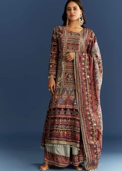 Multicolor Tabby Silk Printed Kurta Dupatta Suit With Patch Stone Zari Work
