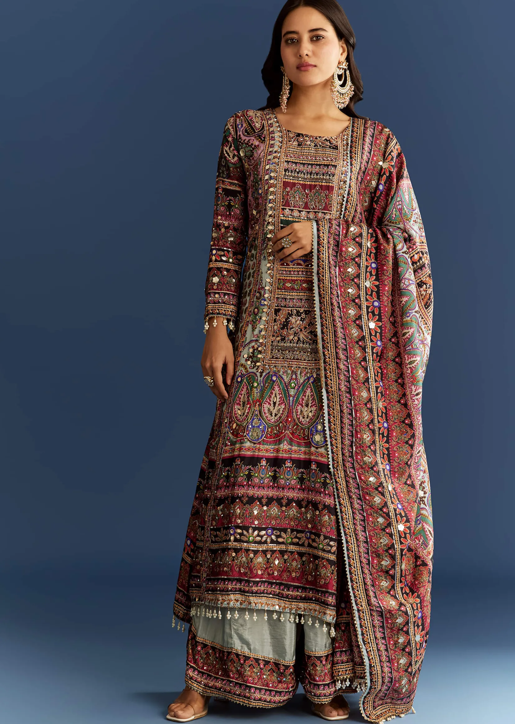 Multicolor Tabby Silk Printed Kurta Dupatta Suit With Patch Stone Zari Work