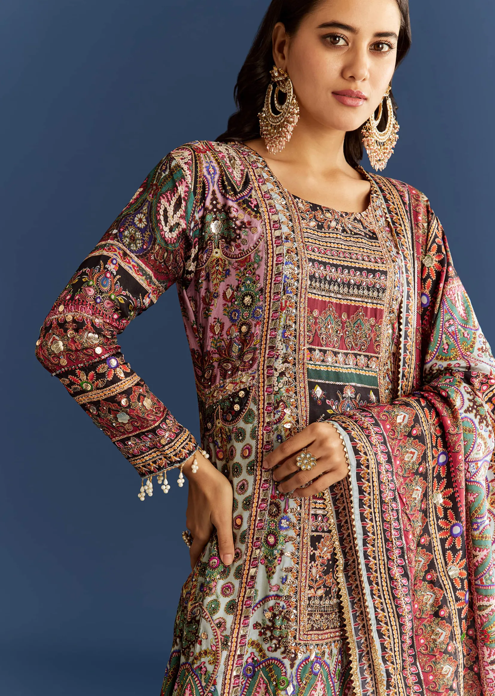 Multicolor Tabby Silk Printed Kurta Dupatta Suit With Patch Stone Zari Work
