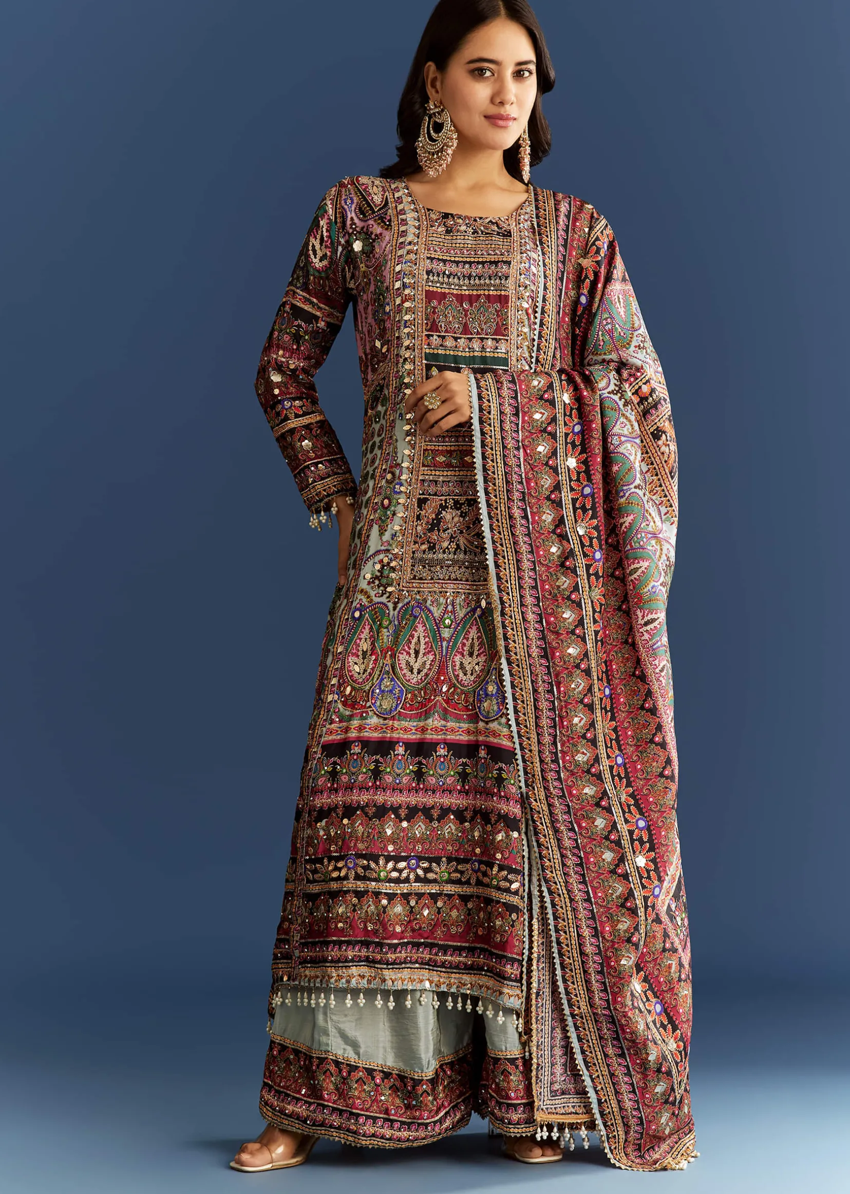 Multicolor Tabby Silk Printed Kurta Dupatta Suit With Patch Stone Zari Work