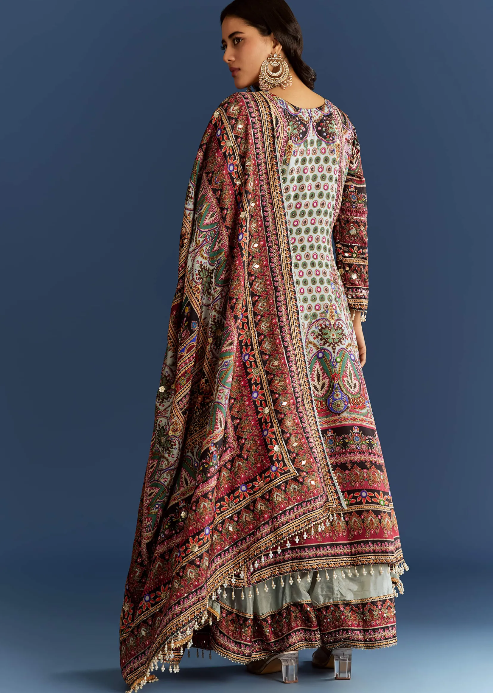 Multicolor Tabby Silk Printed Kurta Dupatta Suit With Patch Stone Zari Work