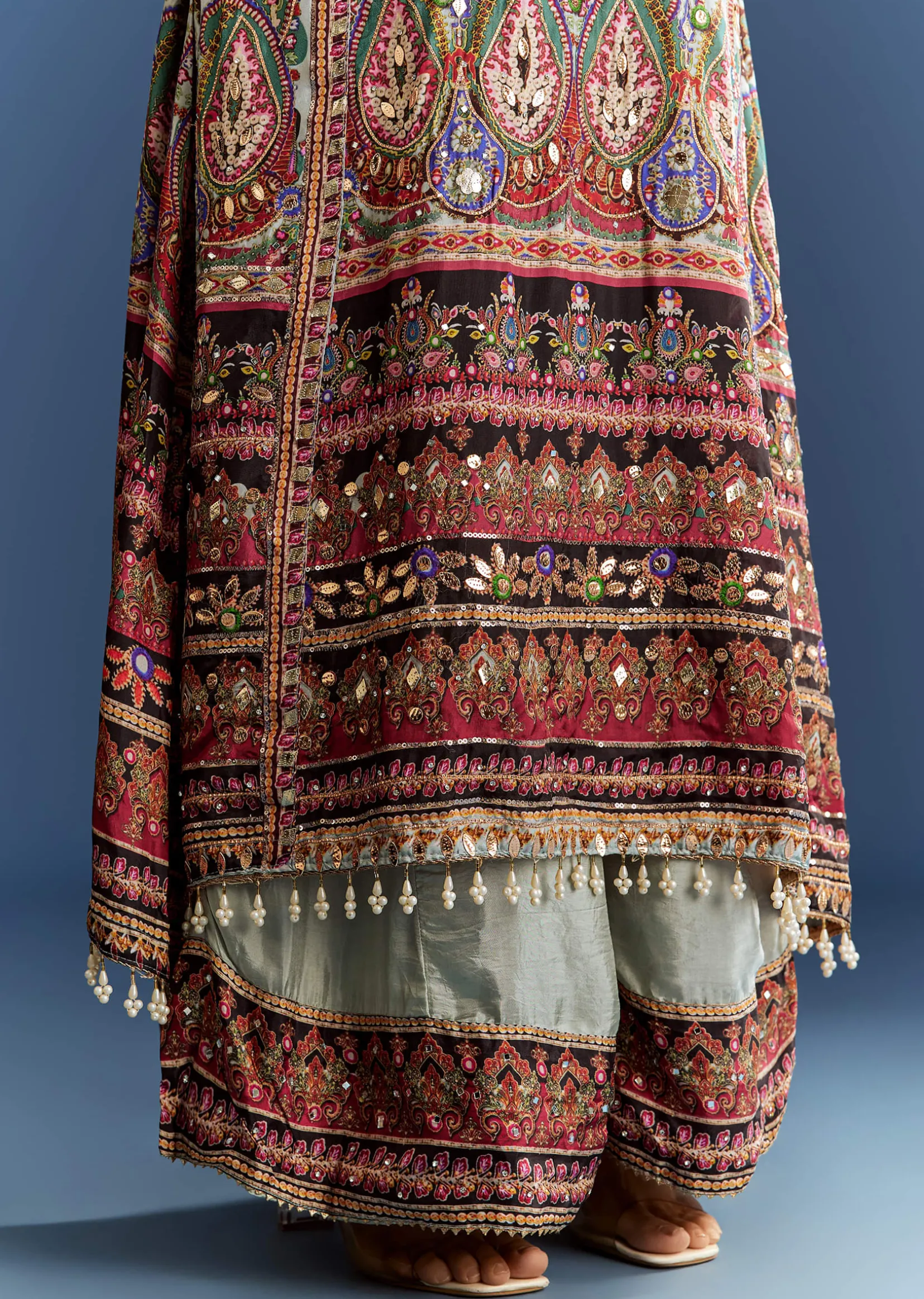 Multicolor Tabby Silk Printed Kurta Dupatta Suit With Patch Stone Zari Work