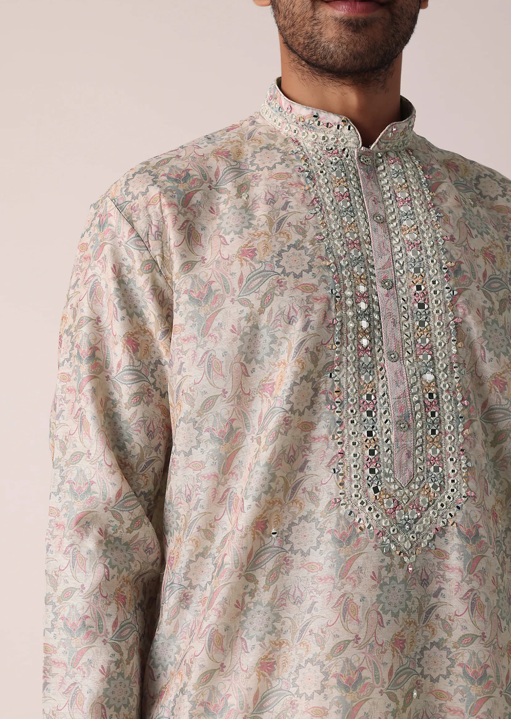 Multi-colored Festive Floral Kurta Set For Men
