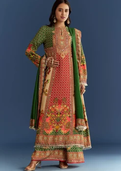 Multicolour Cotton Muslin Printed Kurta With A Line Cut And Printed Palazzo