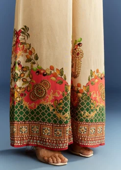Multicolour Cotton Muslin Printed Kurta With A Line Cut And Printed Palazzo