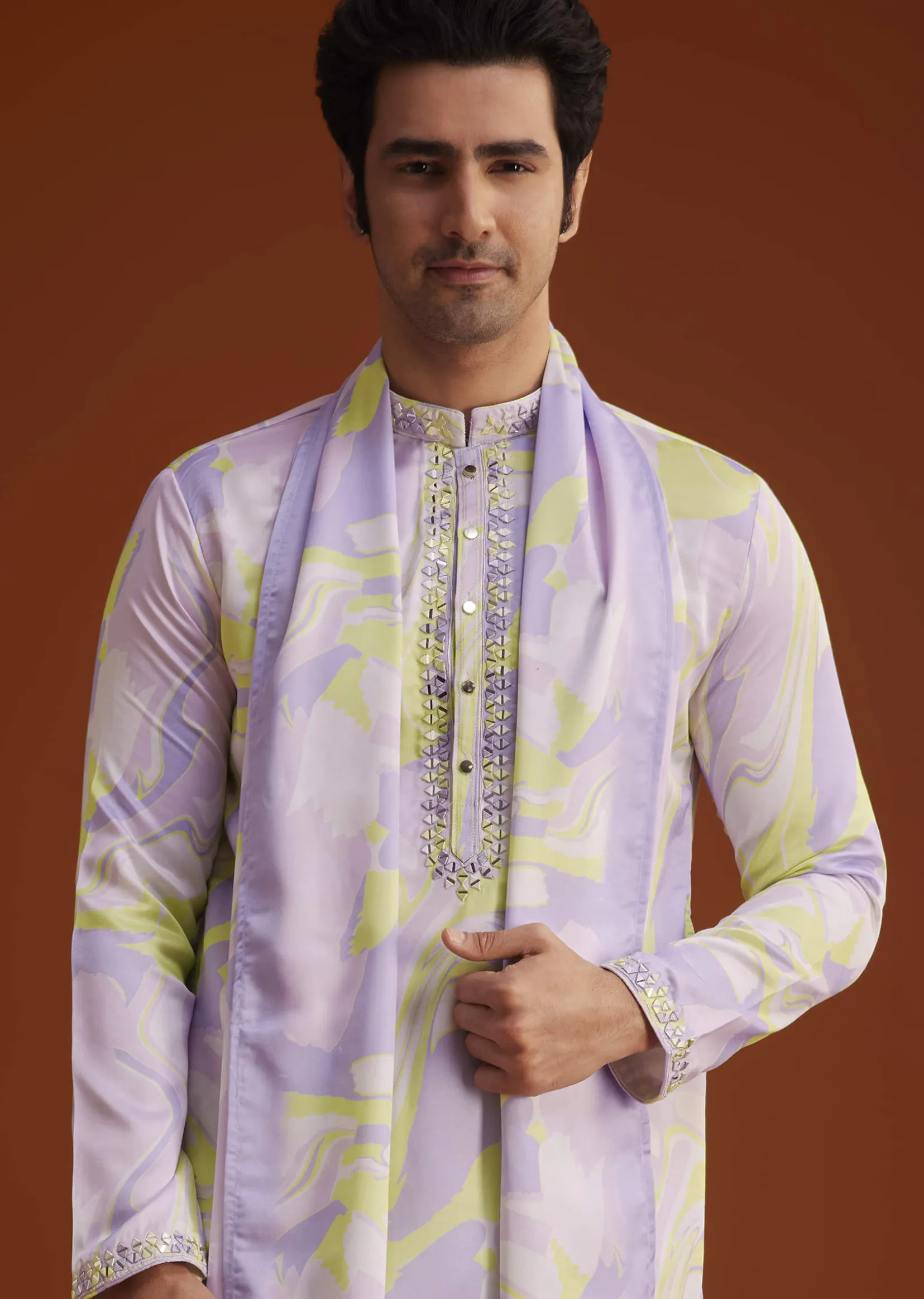 Multicolour Marble Printed Silk Kurta Set