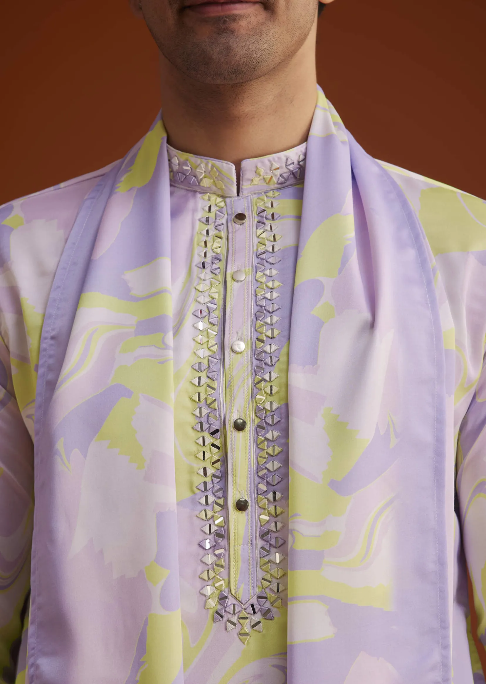 Multicolour Marble Printed Silk Kurta Set