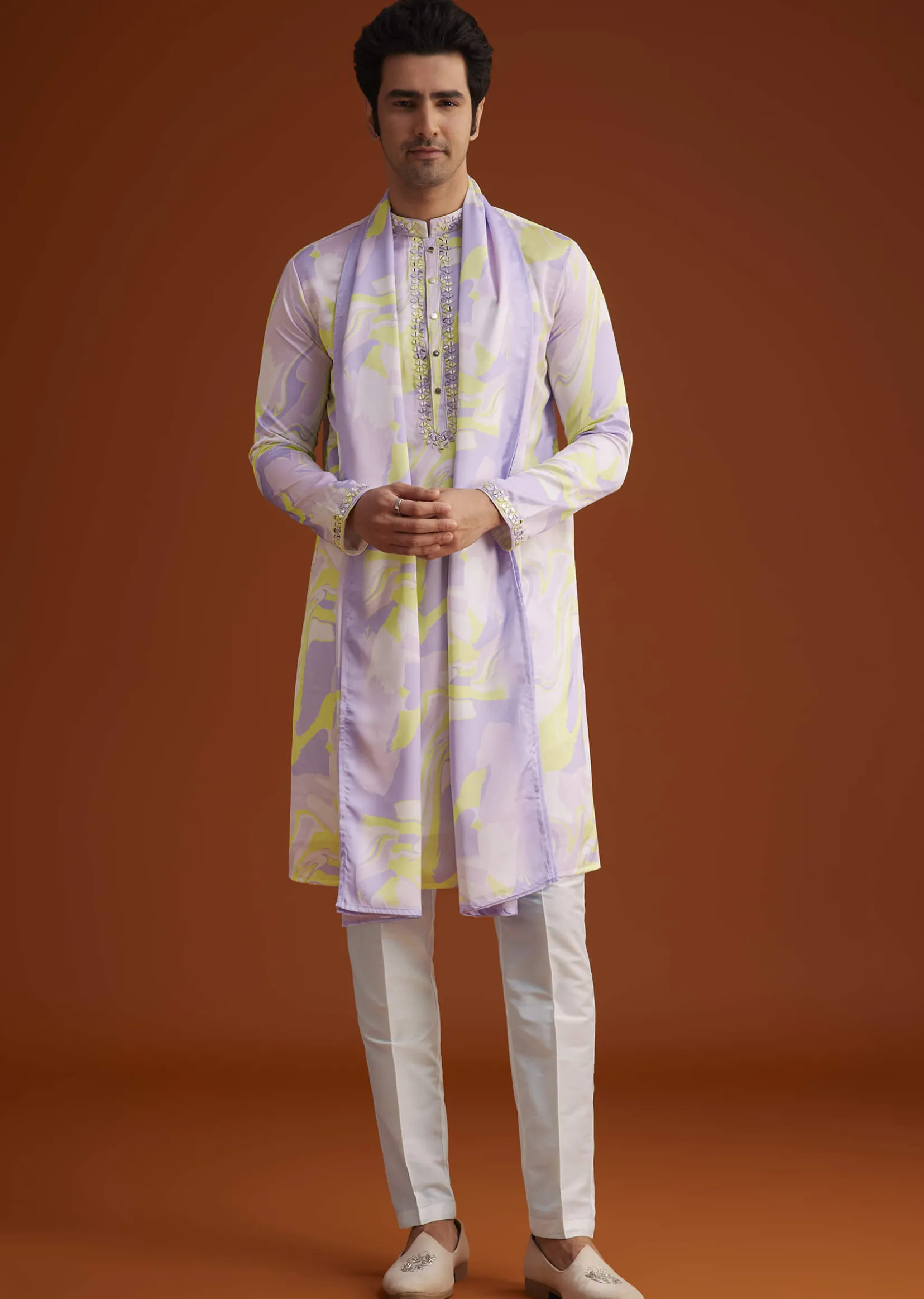 Multicolour Marble Printed Silk Kurta Set