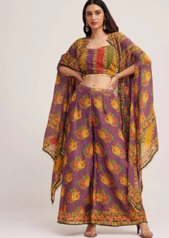 Multicolour Printed Crop Top Palazzo And Cape Set