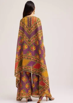 Multicolour Printed Crop Top Palazzo And Cape Set