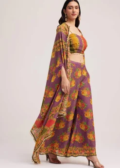 Multicolour Printed Crop Top Palazzo And Cape Set