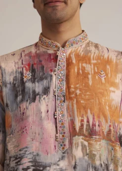 Multicolour Printed Silk Kurta Set With Mirror Work
