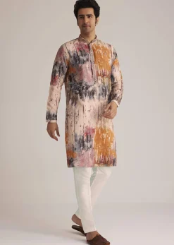 Multicolour Printed Silk Kurta Set With Mirror Work