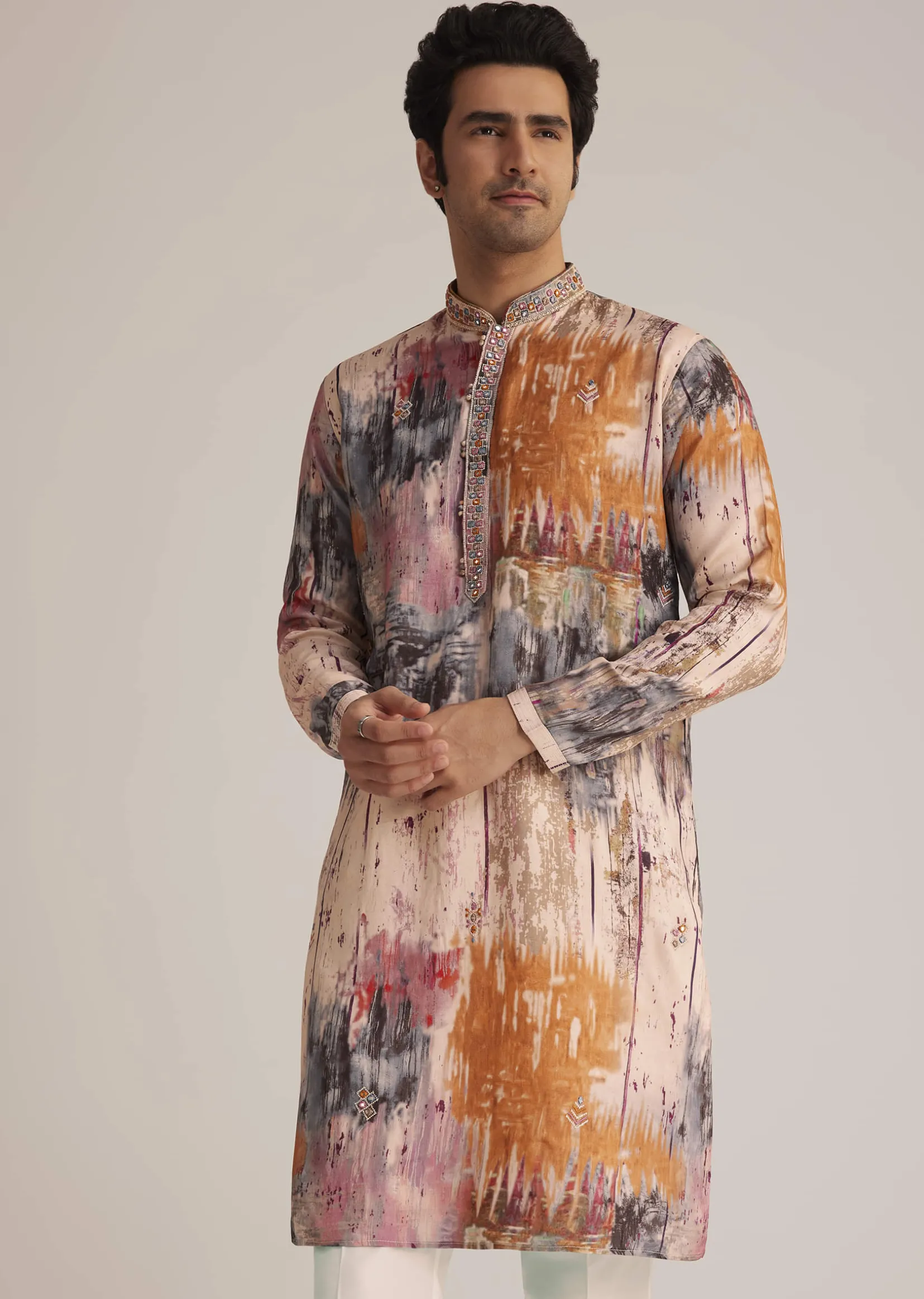 Multicolour Printed Silk Kurta Set With Mirror Work