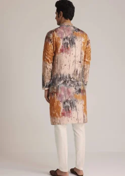 Multicolour Printed Silk Kurta Set With Mirror Work