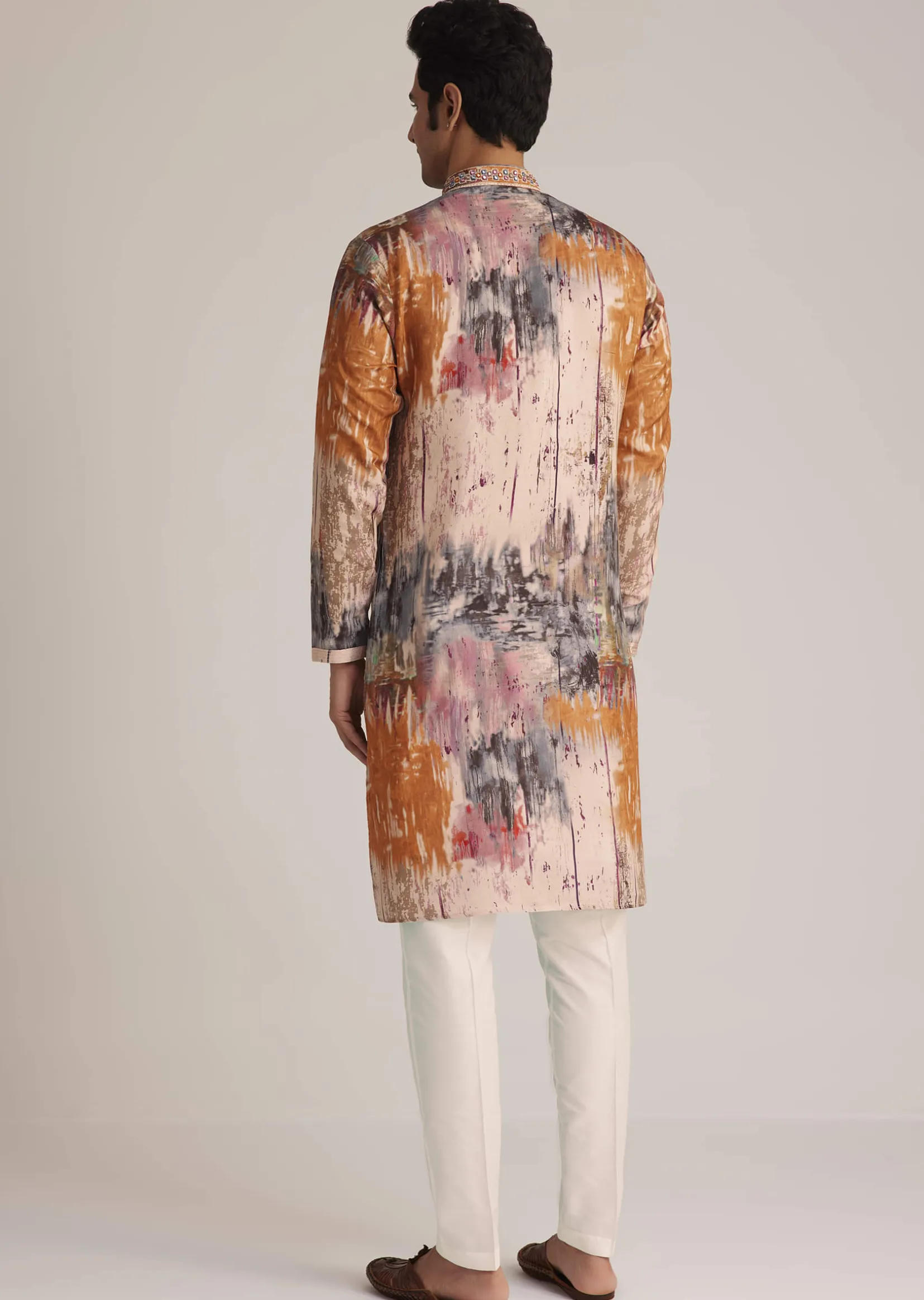 Multicolour Printed Silk Kurta Set With Mirror Work