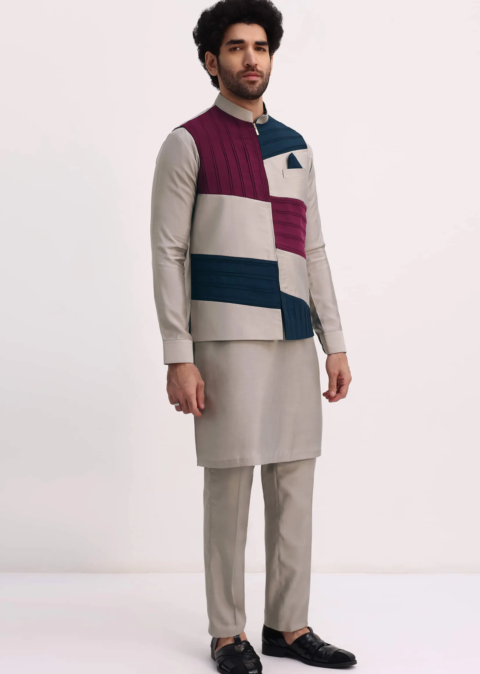 Multicolour Self Work Kurta Jacket Set