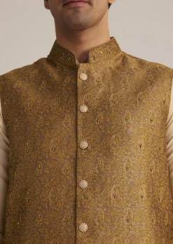 Mustard Brocade Nehru Jacket Set With Paisley Detailing