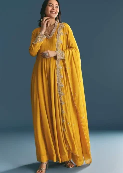 Mustard Chinon Anarkali Suit With Zardosi Work Dupatta
