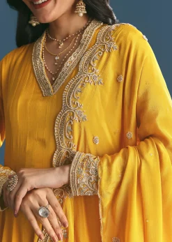 Mustard Chinon Anarkali Suit With Zardosi Work Dupatta