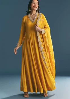 Mustard Chinon Anarkali Suit With Zardosi Work Dupatta