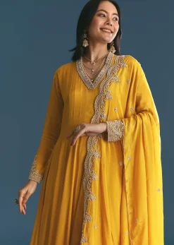 Mustard Chinon Anarkali Suit With Zardosi Work Dupatta