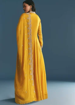 Mustard Chinon Anarkali Suit With Zardosi Work Dupatta