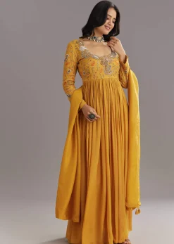 Mustard Chinon Anarkali Set With Moti Zari and Cut Dana Embroidery
