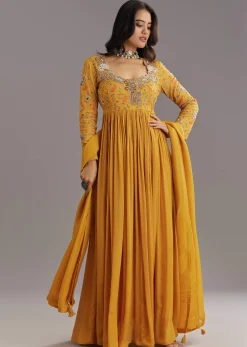 Mustard Chinon Anarkali Set With Moti Zari and Cut Dana Embroidery