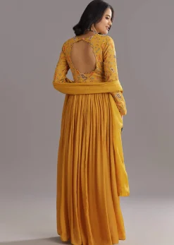 Mustard Chinon Anarkali Set With Moti Zari and Cut Dana Embroidery