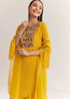 Mustard Chinon Asymmetrical Embroidered Kurta Set With Dupatta
