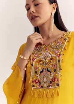 Mustard Chinon Asymmetrical Embroidered Kurta Set With Dupatta
