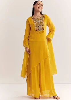 Mustard Chinon Asymmetrical Embroidered Kurta Set With Dupatta