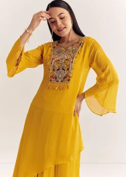 Mustard Chinon Asymmetrical Embroidered Kurta Set With Dupatta