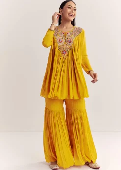 Mustard Chinon Flared Kurta With Thread Work