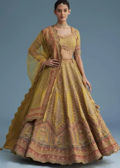 Mustard Crepe Lehenga Set With Floral Motif And Embroidery