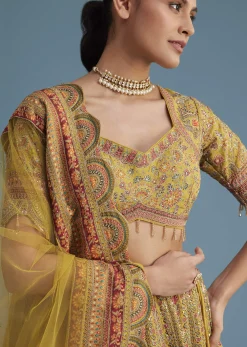 Mustard Crepe Lehenga Set With Floral Motif And Embroidery
