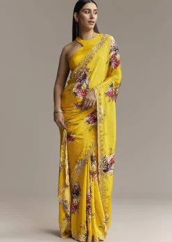 Mustard Crepe Saree With Floral Print And Mirror Border