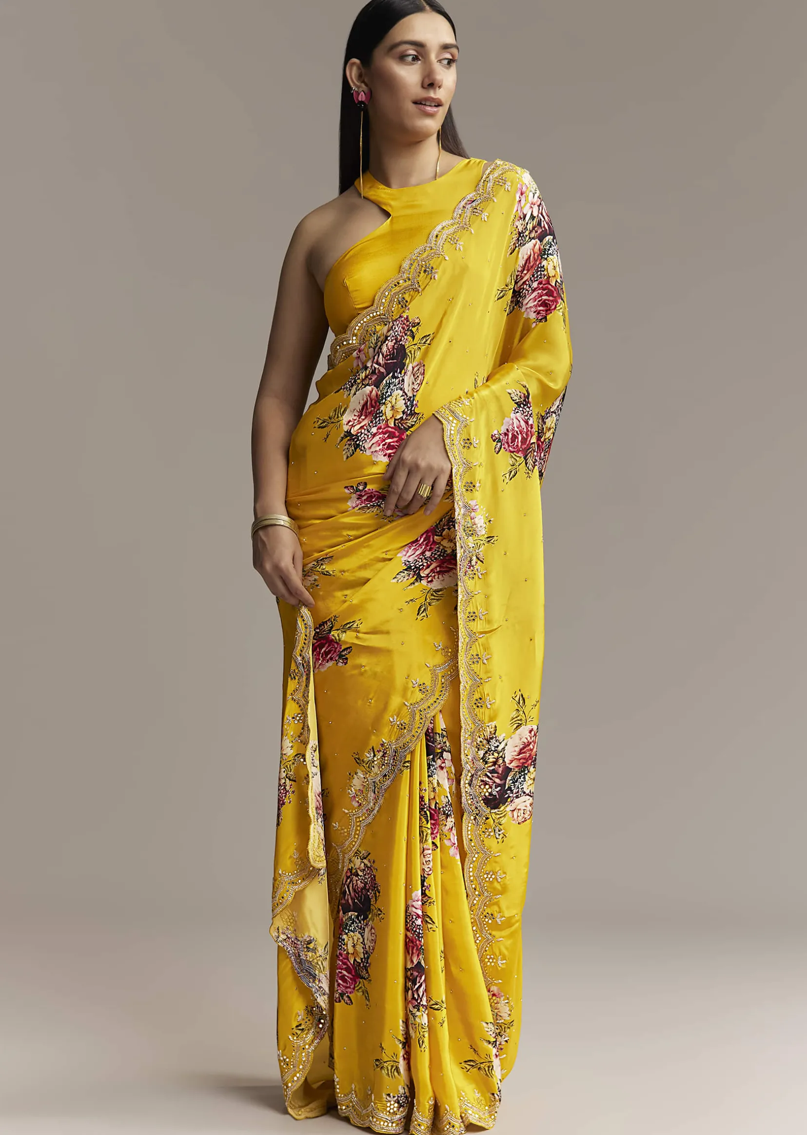 Mustard Crepe Saree With Floral Print And Mirror Border