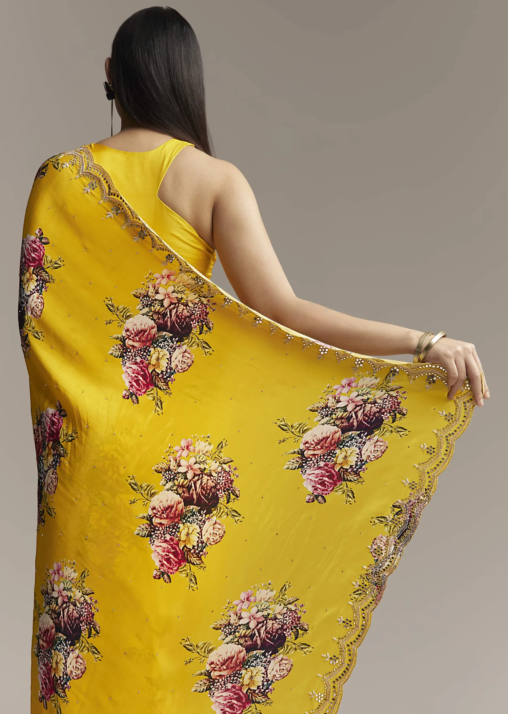 Mustard Crepe Saree With Floral Print And Mirror Border